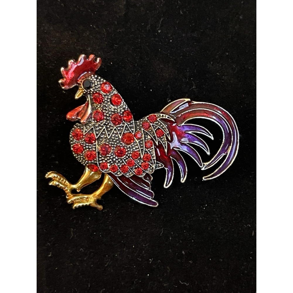 Rooster Gold Tone Brooch Pin Red Rhinestones & Enamel 2”X2” Farm Chateau Core